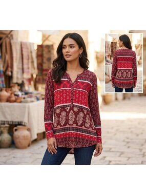 Style & Co Womens Red Boho Floral Print Long Sleeve Henley Top Size OX 60% Cotto